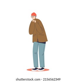 Unhappy freezing young man in coat and hat shiver suffering from cold weather outdoors. Frozen hipster guy feeling frozen from cold isolated. Cartoon flat vector illustration 