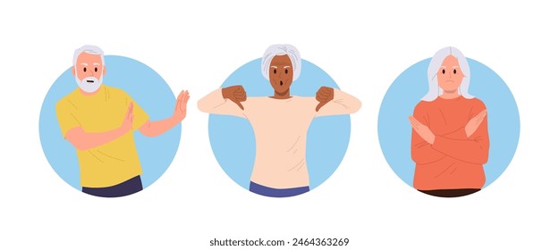 Unhappy frustrated senior people cartoon character gesturing stop, enough and deny hand sign