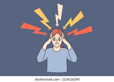 Unhappy frustrated woman stressed with life problems or thoughts feel depressed and overwhelmed. Upset female suffer from workload or troubles, have anxiety or panic attack. Vector illustration. 