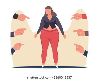 Unhappy full woman who is shamed and bullied. Sad person being body shamed feeling self conscious. Violence victim. People point fingers. Cartoon flat style isolated vector concept