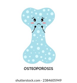 Caricatura de hueso de osteoporosis divertida en diseño plano sobre fondo blanco.