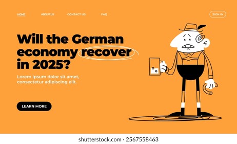 An unhappy German man in national costume stands with a mug of beer. Oktoberfest. The economic crisis in Germany. Falling wages, unemployment. Vector doodle illustration. Landing page.