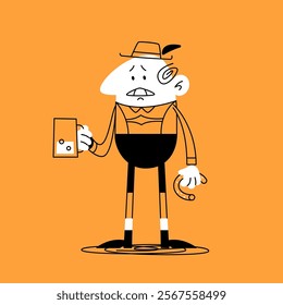 An unhappy German man in national costume stands with a mug of beer. Oktoberfest. The economic crisis in Germany. Falling wages, unemployment. Vector doodle illustration.