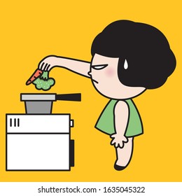 Unhappy Girl Cooking Vegetable Concept Card Character illustration