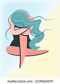 Unhappy girl cries, suffers. Cartoon sad woman sitting hugging her knees. Concept of grief, loss, grief, pain, death for banner or landing page design. Flat isolated vector design. Stop the war.