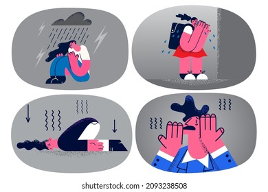 Unhappy girl cry depress suffer from school bullying or harassment. Sad upset female feel broken have mental disorder or panic attack. Depression, psychotherapy. Flat vector illustration. Set.