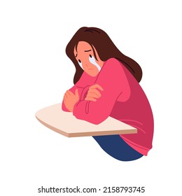 Unhappy girl crying and sitting at table. Depression and loneliness, teenager anxiety problems, emotional and mental tension, painful state and sad mood vector illustration