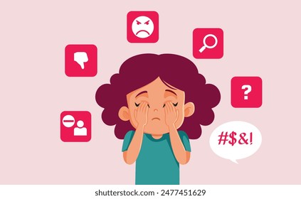 
Unhappy Girl Dealing with Negative Comments Online Vector illustration. Child using social media too early feeling depressed and anxious 
