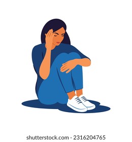 Unhappy girl in despair, psychological problems. Depression woman sit on the floor and hugging her knees. Anxiety disorder. Vector illustration.