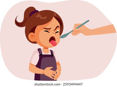 
Unhappy Girl Disgusted By the Food her Mom Serves Vector Cartoon. Sick toddler feeling disgusted by the medicine from her caregiver  
 