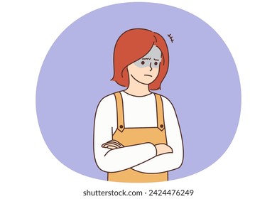 Unhappy girl feel stressed and pensive lost in thoughts. Upset woman suffer from depression or repetitive thought. Stress and distress. Vector illustration.