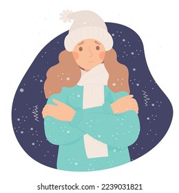 Unhappy girl freezing wearing and shivering under snow. Cartoon flat vector illustration. Winter season and suffering of low minus degrees temperature