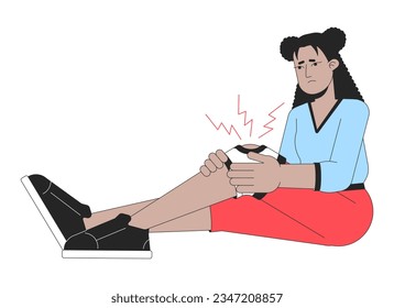 Unhappy girl has bandage on broken knee flat line color vector character. Editable outline full body traumed woman touching knee on white. Simple cartoon spot illustration for web graphic design