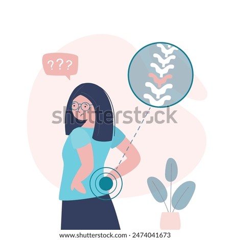 Unhappy girl has low back pain and sciatica from a herniated disc. Medical diagrams about trapped nerves make patients chronic pain in the back and paralysis. Business woman feels pain in back. vector