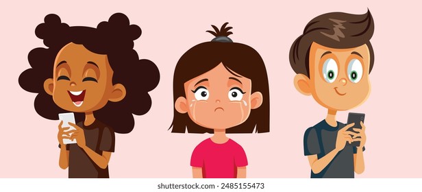 
Unhappy Girl Ignored by her Friends Using Smartphones Vector Cartoon. Kids overusing technology unable to p0lay together and socialize 
