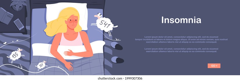 Unhappy girl with insomnia lying in bed at night, sleepless nightmare, sleeping disorder