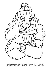 Unhappy girl in knitted hat and scarf freezing wearing and shivering. Outline vector illustration. hand drawn doodle. Winter season and suffering of low minus degrees temperature