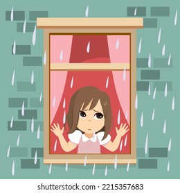 Unhappy Girl Looking Trough Window. Sweet Toddler Feeling Sad And Bored On Her Bedroom. Kid Wants To Play Outside Concept