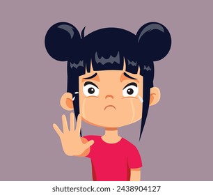 
Unhappy Girl Making Halt Stop Gesture with Hand Vector Illustration. Stressed child facing hate and bullying saying no more
