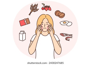 Unhappy girl with problems due to allergies and skin irritation or rash on face after eating. Allergies woman needs dermatologist help after experiencing symptoms caused by exotic food