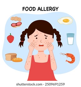 Unhappy girl with problems due to food allergy and skin irritation or rash on face after eating.