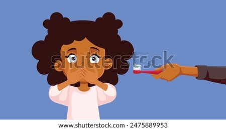 
Unhappy Girl Refusing to Brush Teeth Vector Cartoon. Stressed little child having dental problems 
