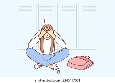 Unhappy girl sit on floor in school cry suffer from bullying. Upset stressed schoolgirl struggle with problems in college or university. Vector illustration. 