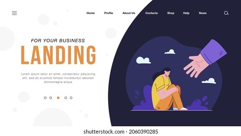 Unhappy girl sitting in depression and hand helping her flat vector illustration. Cartoon sad woman embracing knees in melancholy and waiting for support. Stress and psychology concept
