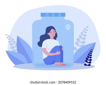 Unglückliches Mädchen, das in einem Glasgefäß sitzt. Winzige traurige Frau, die Knie in einer Flasche mit flacher Vektorgrafik umarmt. Depression, Konzept für psychische Gesundheit Banner, Website-Design oder Landing-Webseite