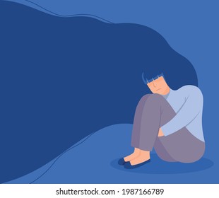 Unhappy girl sitting and hugging her knees in the corner. Sad lonely woman in depression with flying hair. Depressed person. Man under stress concept