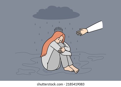 Unhappy Girl Sitting Under Rain Cloud Ignore Helping Hand Give Support. Person Stretch Hand Rescue Upset Woman In Depression. Mental Problems. Vector Illustration. 