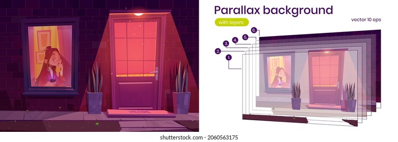 Unhappy girl with smartphone in house at night. Vector parallax background for 2d animation with cartoon illustration building facade with door and sad lonely woman by window