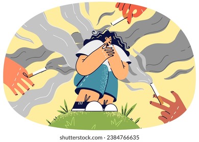 Unhappy girl suffer from people smoking near. Upset woman struggle with health problems with people with cigarettes near. Passive smoker. Vector illustration.