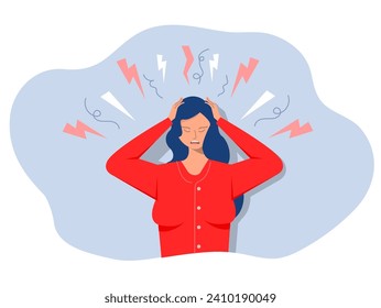 Unhappy girl suffers from  headaches and migraines. Symptoms of a viral disease.Vector illustration in flat cartoon style.