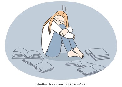 Unhappy girl surrounded by books study having problems at school or university. Upset student crying with education troubles. Knowledge concept. Vector illustration.