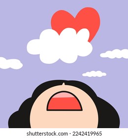 Unhappy Girl With Worried Face Looking Up To Solid Fluffy Clouds Over Red Shaped Heart Forming In Pre-storm Gloomy Gray Purple Dark Sky Concept Card Character illustration