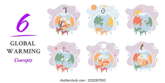 Unhappy globe is suffering from fever, planet Earth is melting dripping drops. Global warming concept. Planet is overheating, Environmental problem due to climate change. Natural disasters cataclysms