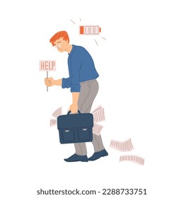 Unhappy going office man golding tablet with help word flat style, vector illustration isolated on white background. Low battery icon, burnout at work, overload