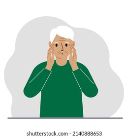 El infeliz abuelo agarrando la cabeza con las manos. Emociones y concepto de lenguaje corporal. El concepto de estrés, tensión y migraña. Ilustración plana del vector