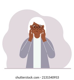 La infeliz abuela agarrando la cabeza con las manos. Emociones y concepto de lenguaje corporal. El concepto de estrés, tensión y migraña. Ilustración plana del vector