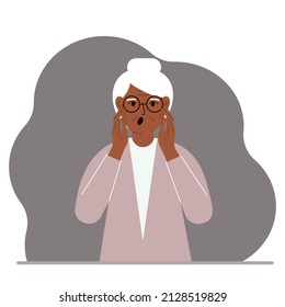 La infeliz abuela grita, agarrando la cabeza con las manos. Emociones y concepto de lenguaje corporal. El concepto de estrés, tensión y migraña. Ilustración plana del vector