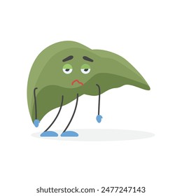 Unhappy green human liver character, sick organ of digestive system vector illustration