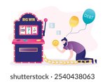 Unhappy guy chained to slot machine, financial loss, debt from casino. Gambling game addiction, casino dependence. Player man and slot machine isolated on white background. flat vector illustration