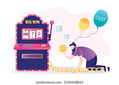 Tipo infeliz encadenado a la máquina tragamonedas, pérdida financiera, deuda del casino. Adicción a los juegos de azar, dependencia de los casinos. Jugador hombre y máquina tragamonedas aislados sobre fondo blanco. Ilustración vectorial plana