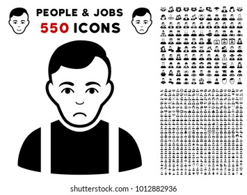 Unhappy Guy pictograph with 550 bonus pity and glad jobs icons. Vector illustration style is flat black iconic symbols.