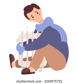 Unhappy guy in scarf and mittens, freezes and warms himself near hot battery. Vector illustration. Season cold and suffering of low degrees temperature, illnesses and colds