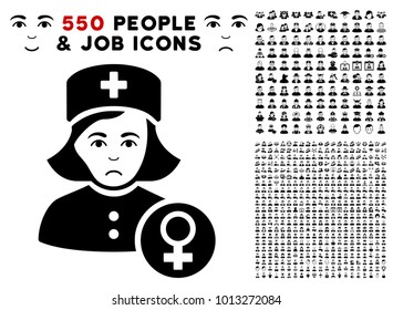 Unhappy Gynecologist Lady Doctor pictograph with 550 bonus sad and happy men clip art. Vector illustration style is flat black iconic symbols.
