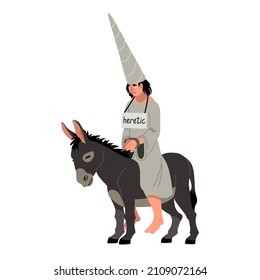 Un hereje infeliz con una gorra de cono monta un burro. Ilustración del vector de color aislada sobre un fondo blanco en una caricatura y diseño plano.