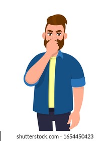 Unhappy Hipster Young Man Holding Fingers On Nose. Trendy Bearded Person Covering Breath With Hand For Bad Smell. Male Smelling Something Stinky And Odor. Vector Design Illustration In Cartoon Style.