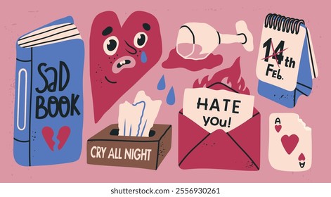 Unhappy holiday, anti Valentine's day concept. Various non romantic symbols. Spilled wine, cry tissues, hate letter, heart with tears. Hand drawn modern Vector illustration. Isolated design elements